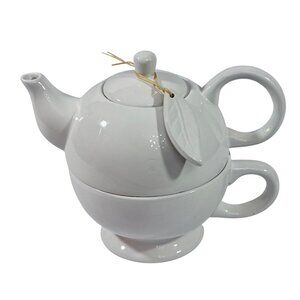Tea For One Ceramic Teapot & Cup Set With Lid & Leaf Detail White Tea For Me